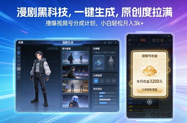 漫剧黑科技,一键生成,原创度拉满,撸爆视频号分成计划,小白轻松月入3k+-极速搞钱云网创