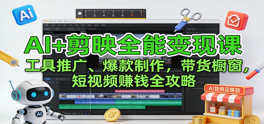 AI+剪映全能变现课:工具推广、爆款制作、带货橱窗,短视频赚钱全攻略-极速搞钱云网创