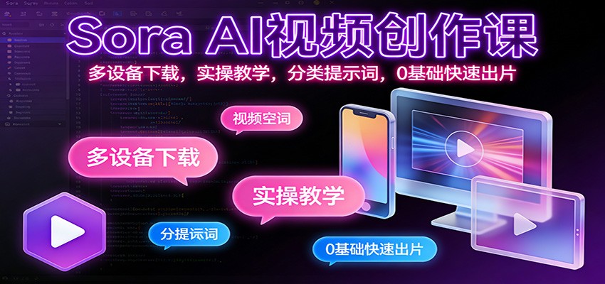 Sora AI视频创作课：多设备下载，实操教学，分类提示词，0基础快速出片-极速搞钱云网创