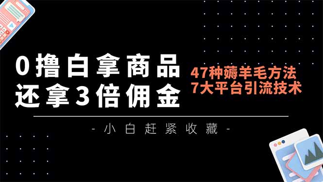 0撸白拿商品，还拿3倍佣金，47种薅羊毛方法，7大平台全方位引流技术教学，精专月入过万-极速搞钱云网创