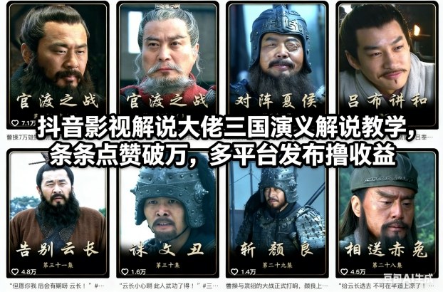 抖音影视解说大佬三国演义解说教学,条条点赞破万,多平台发布撸收益-极速搞钱云网创