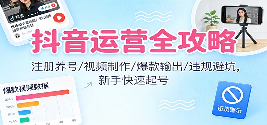 抖音运营全攻略：注册养号/视频制作/爆款输出/违规避坑，新手快速起号-极速搞钱云网创
