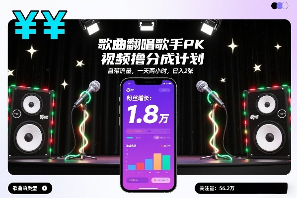 歌曲翻唱歌手PK视频撸分成计划,自带流量,一天两小时,日入2张-极速搞钱云网创