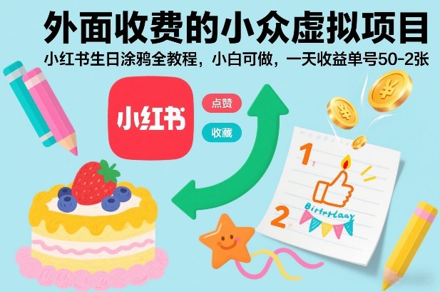 外面收费的小众虚拟项目，小红书生日涂鸦全教程，小白可做，一天收益单号50-2张-极速搞钱云网创