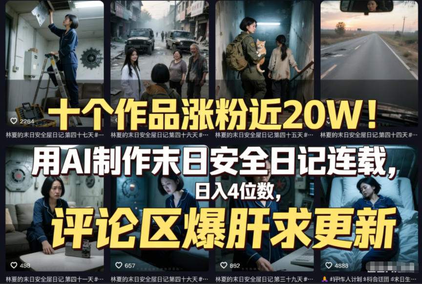 十个作品涨粉近20W!用AI制作末日安全日记连载,日入4位数,评论区爆肝求更新(附详细步骤)-极速搞钱云网创
