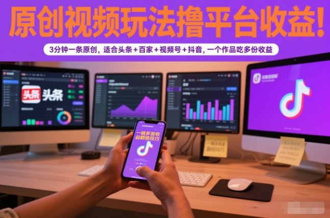 原创视频玩法撸平台收益,3分钟一条原创,适合头条+百家+视频号+抖音,一个作品吃多份收益-极速搞钱云网创