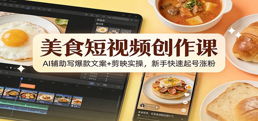 美食短视频创作课:AI辅助写爆款文案+剪映实操,新手快速起号涨粉-极速搞钱云网创