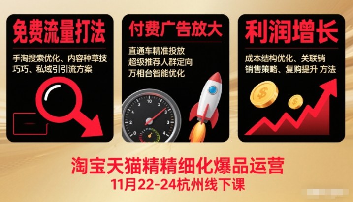 淘宝天猫精细化爆品运营11月22-24杭州线下课,免费流量打法+付费广告放大+利润增长(音频+文档)-极速搞钱云网创