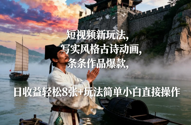短视频新玩法,写实风格古诗动画,条条作品爆款,日收益轻松8张+玩法简单小白直接操作-极速搞钱云网创