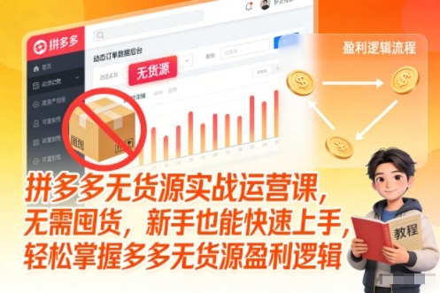 拼多多无货源实战运营课，无需囤货，新手也能快速上手，轻松掌握多多无货源盈利逻辑-极速搞钱云网创