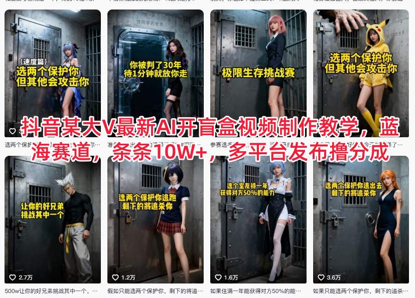 抖音某大V最新AI开盲盒视频制作教学,蓝海赛道,条条10W+,多平台发布撸分成-极速搞钱云网创