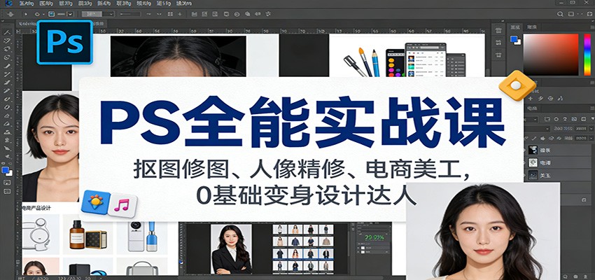 PS全能实战课：抠图修图、人像精修、电商美工，0基础变身设计达人-极速搞钱云网创
