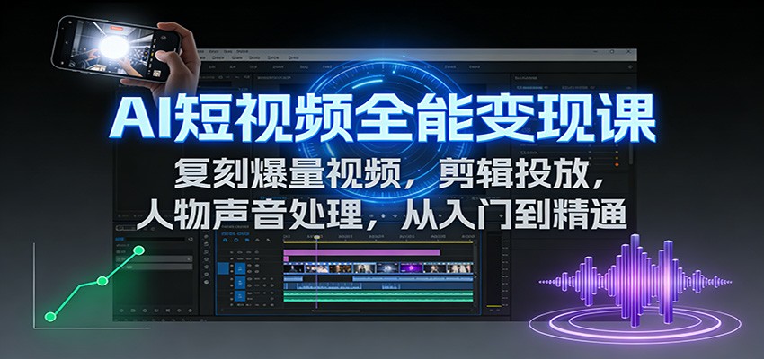 AI短视频全能变现课：复刻爆量视频，剪辑投放，人物声音处理，从入门到精通-极速搞钱云网创